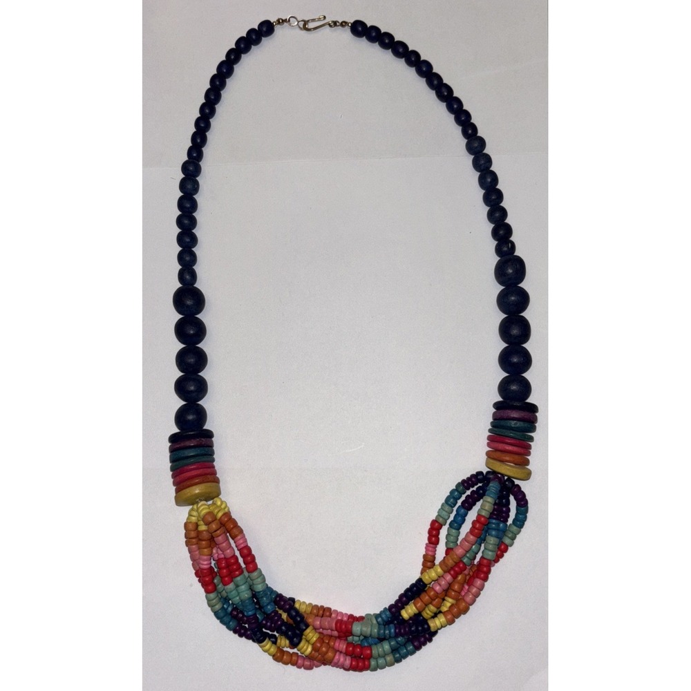 Vintage Multi-Strand Wood Beaded Necklace Rainbow Colorful Estate Find 28"